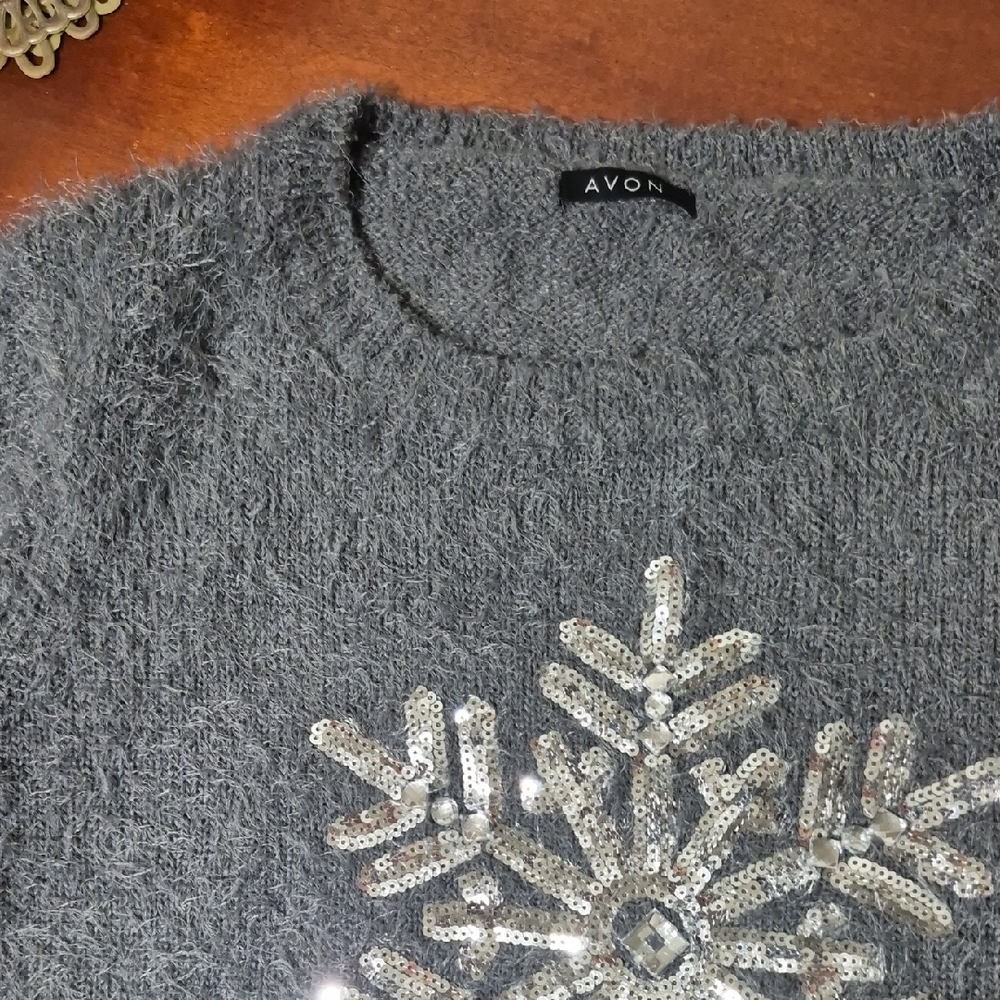 Avon Gray Sweater with Sequin Snowflake Design